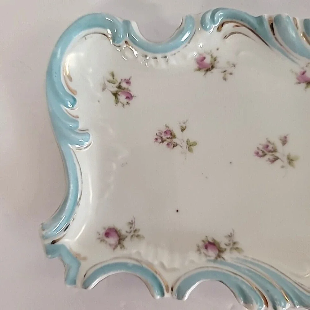 Vintage German Porcelain Tray Design of Small Purple Flowers w/ Blue & Gold Trim